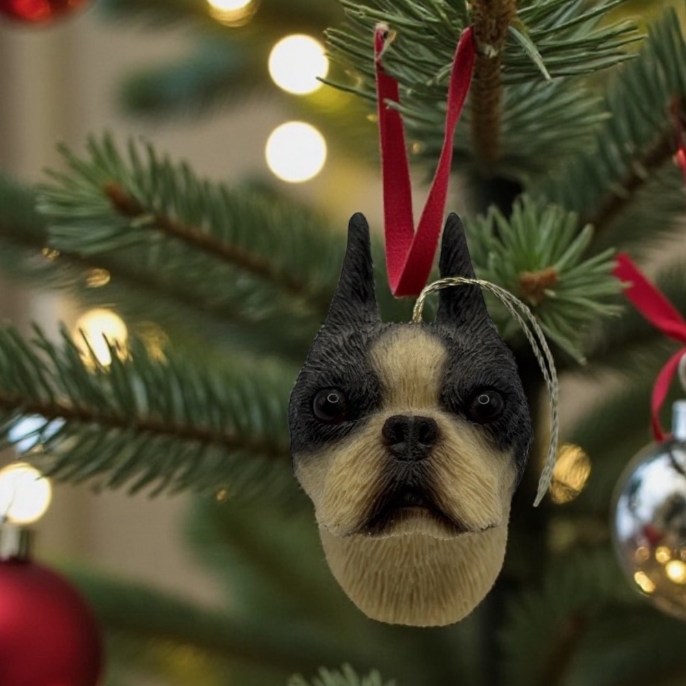 VTG Sandicast Realistic Head Boston Terrier Christmas Ornament Dog Lovers Pets